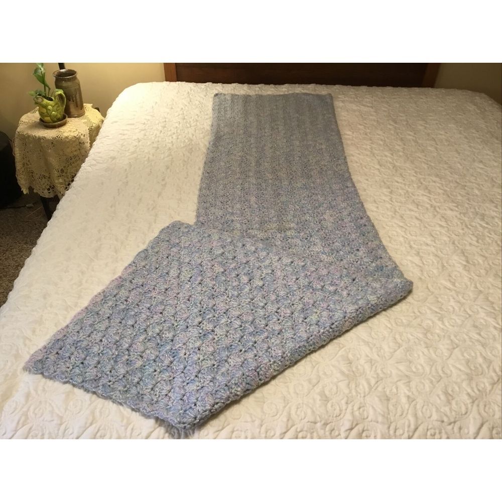 Handmade Crocheted‎ Afghan Sofa Throw cover Blue white purple Size 90in x 21in